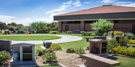 Estate area with pathway to mausoleum at Greenwood Memory Lawn Mortuary & Cemetery.