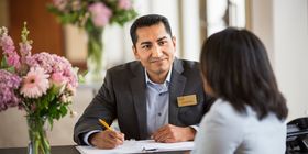 A Dignity Memorial associate speaking with a client while sitting at a desk. 