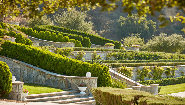 Masterfully trimmed hedges dress up this terraced garden containing several private and semi-private cemetery plots.  