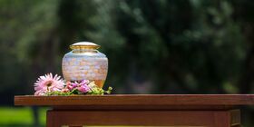 Urn outside on table with flowers around it