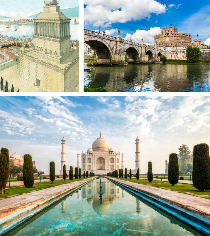 Famous mausoleums, including Taj Mahal