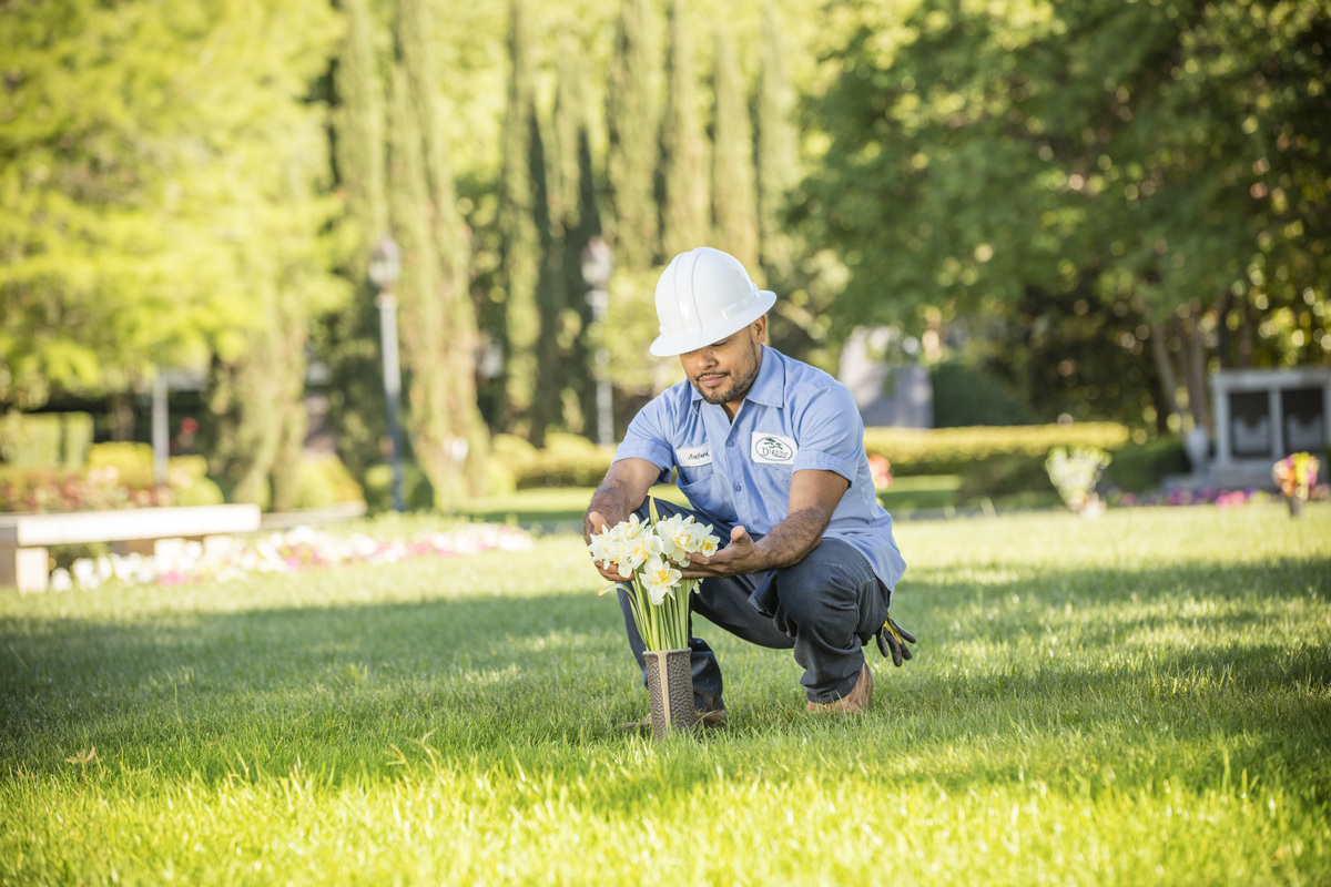 Groundskeeper in hardhat arranges white memorial flowers.