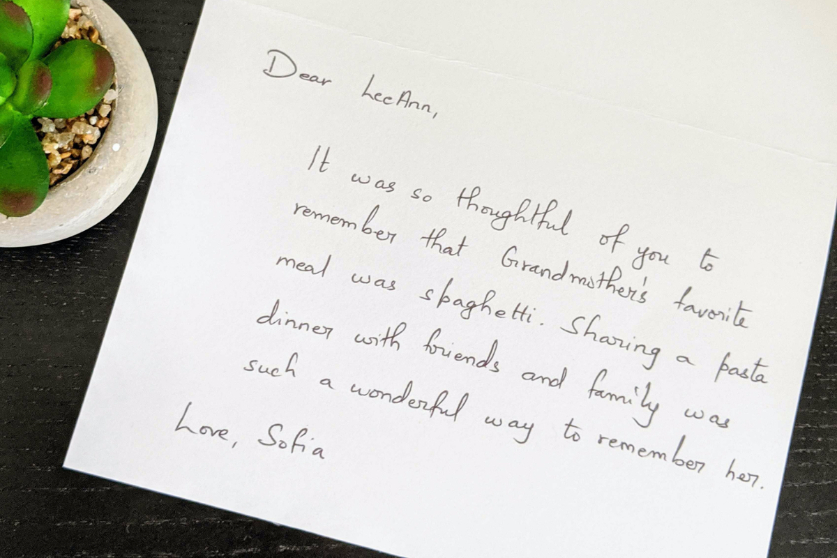 handwritten thank you card for meal