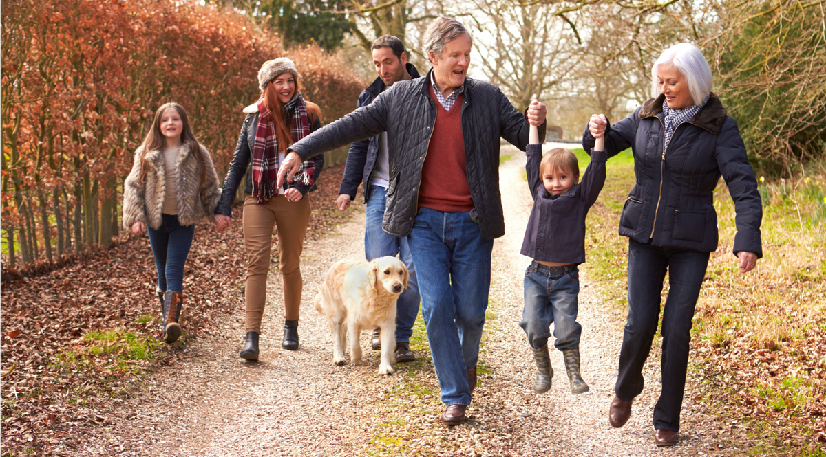 multi generation family walking outside
