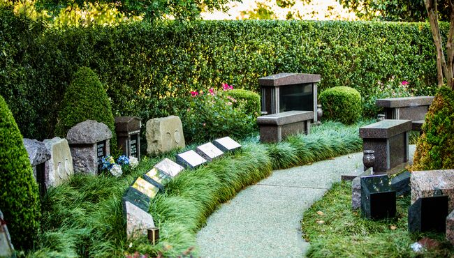 Pathway through a cremation garden in a cemetery with niches, boulders and benches. 