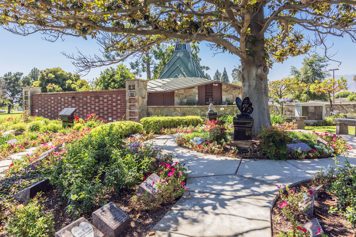 Cremation garden with butterfly statue at Oakdale Memorial Park. 